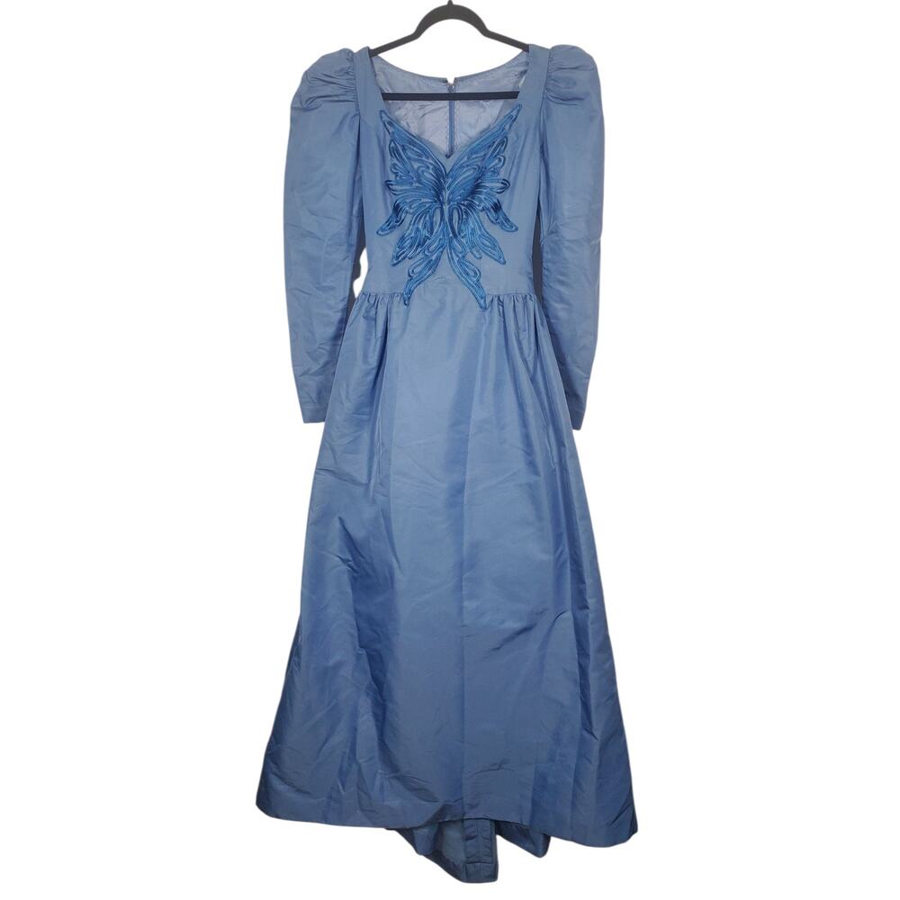 Vintage Nolan Miller Blue Taffeta Butterfly Embroidered Gown Puff Sleeve Sz S